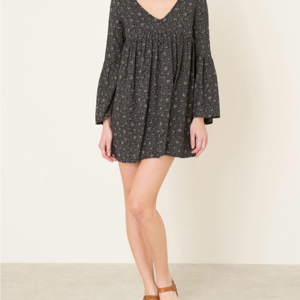 Denim & Supply Ralph Lauren Black Mini Babydoll Dress Floral Print Wide Sleeve M